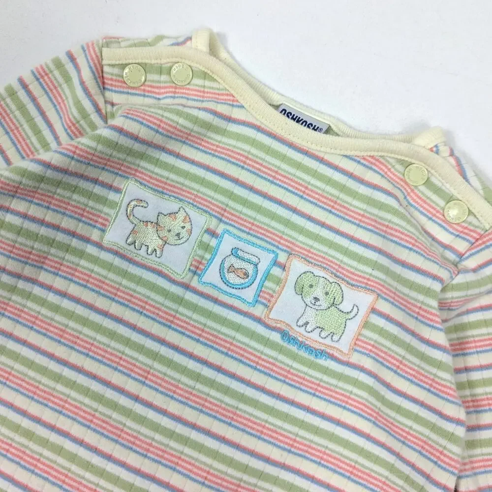Vintage Oshkosh Bgosh Y2K Romper Baby Boys Size 3-6m Stripe Dog Outfit